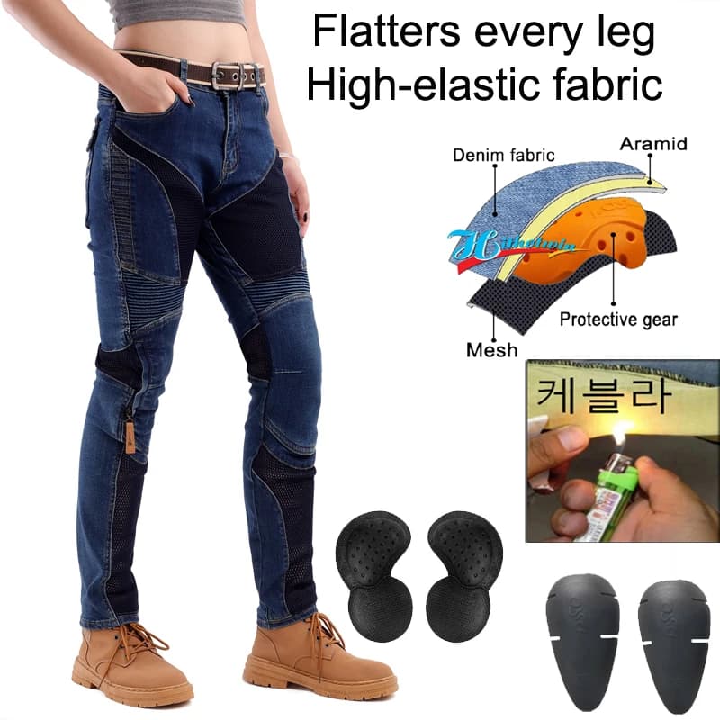Jeans da moto in Kevlar Pantaloni da moto estivi blu da donna Pantaloni da equitazione antivento resistenti all'abrasione