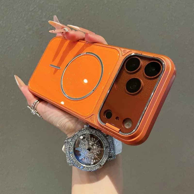 Flip Lens Protection Stand Holder Glitter Magnetic Case for IPhone 18 Pro 13 14 15 16 17 Pro Max for Magsafe Soft Bumper Cover