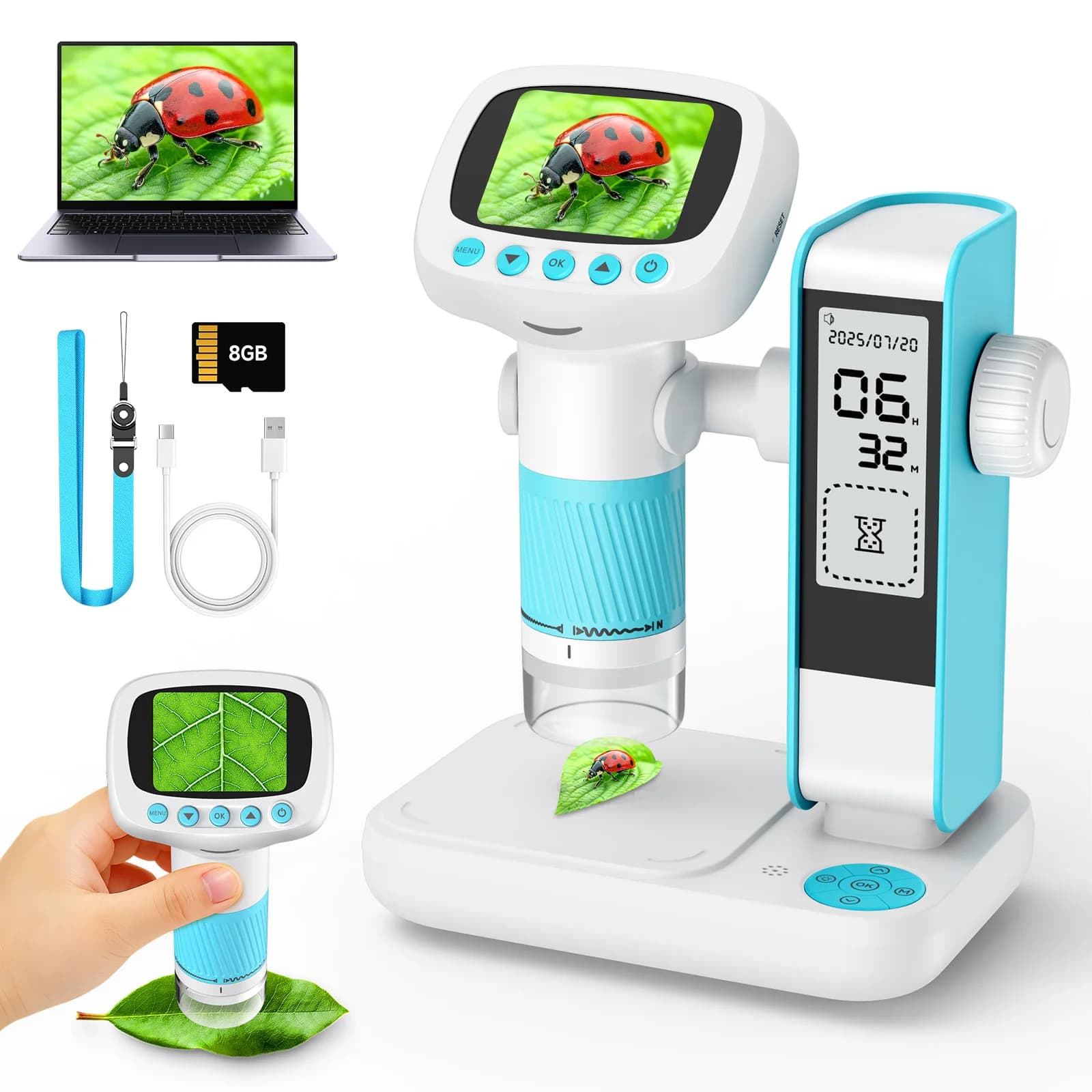 Orologio Digitale Educativo 2 in 1 per Bambini con Microscopio Elettronico 1000x Ingrandimento, Schermo IPS da 2 Pollici 1080p ad Alta Definizione, 8 Luci