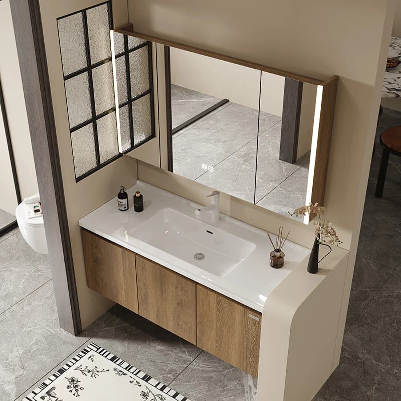 Mobile da Bagno Moderno di Lusso con Specchio Illuminato a LED Touch, Lavabo in Ceramica, Finitura Laccata, Installazione a Parete