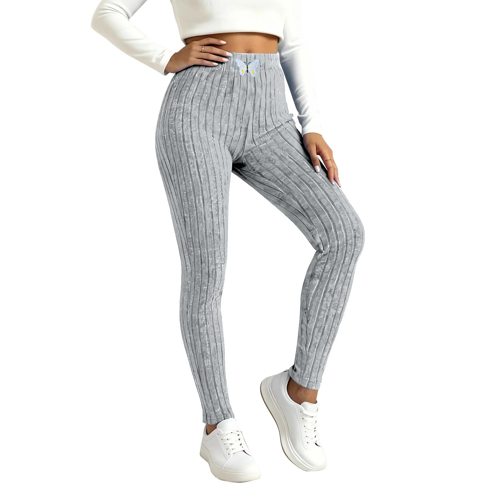 Leggings da donna a vita alta in maglia elasticizzata a costine, caldi e comodi per il tempo libero, leggings modellanti con etichetta sul cinturino in vita