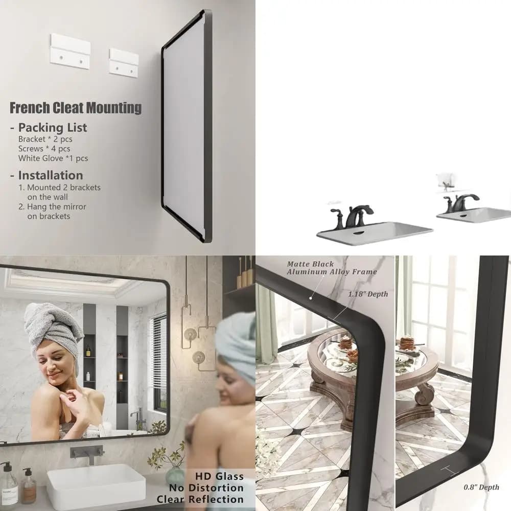 Coppia di Specchi da Bagno con Cornice in Metallo Nero 24x36 Pollici, Bordi Arrotondati, Finitura Opaca, Resistenti alla Ruggine, Opzione di Appendimento Versatile