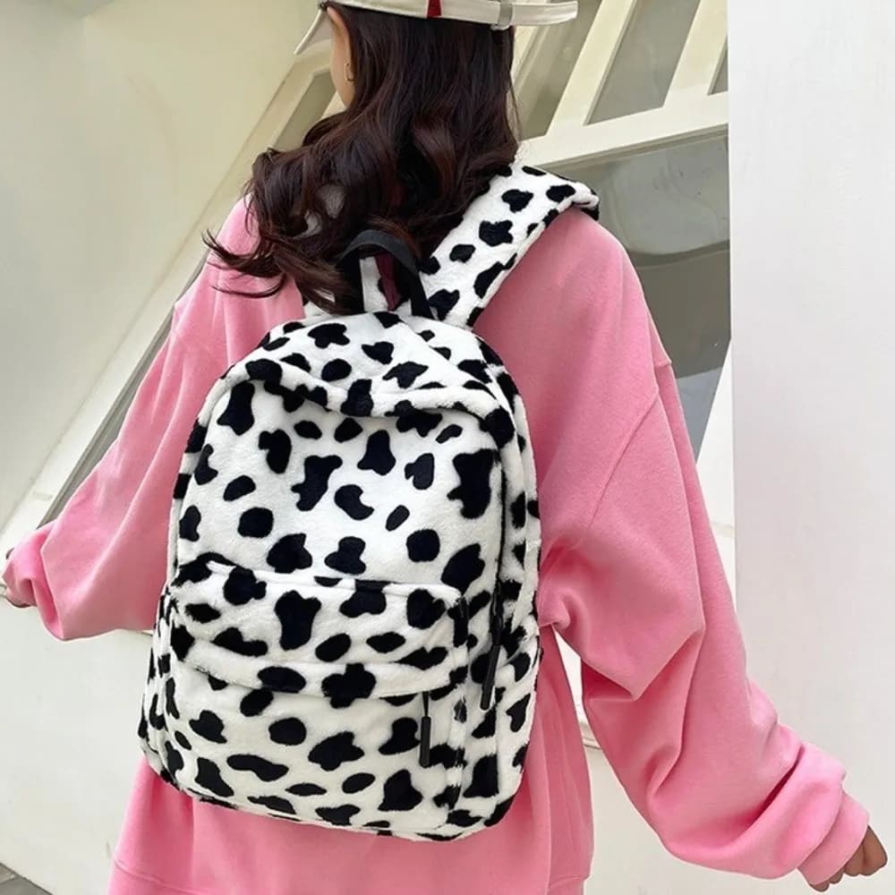 Plush Leopard Print Backpack Harajuku Lightweight Students School Bag Large Capacity Adjustable Shoulder Straps Students Daypack