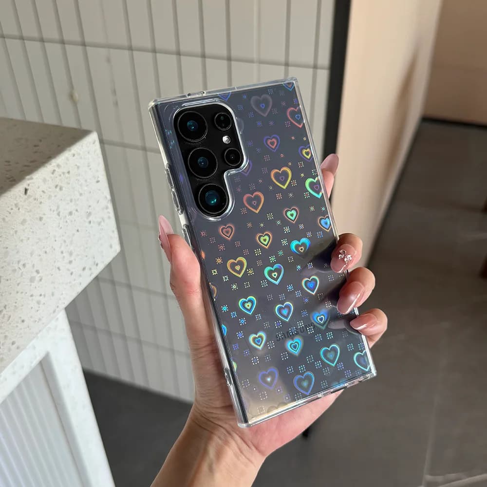 Laser Heart Shaped Transparent Phone Case for Samsung Galaxy S24 Ultra S26 Plus S23 FE S25 Edge Advanced Antiqued Cover.