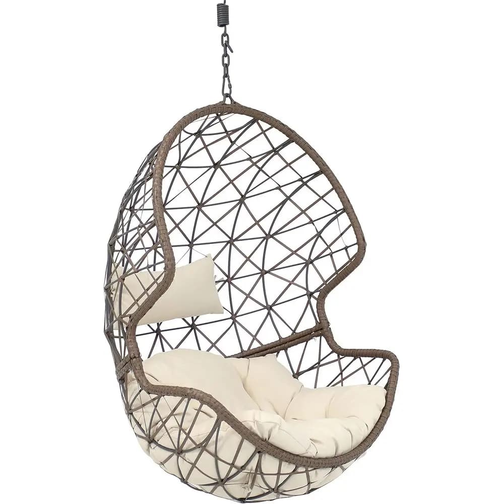 Synthetic wicker hanging rocking chair with beige cushion for outdoor use