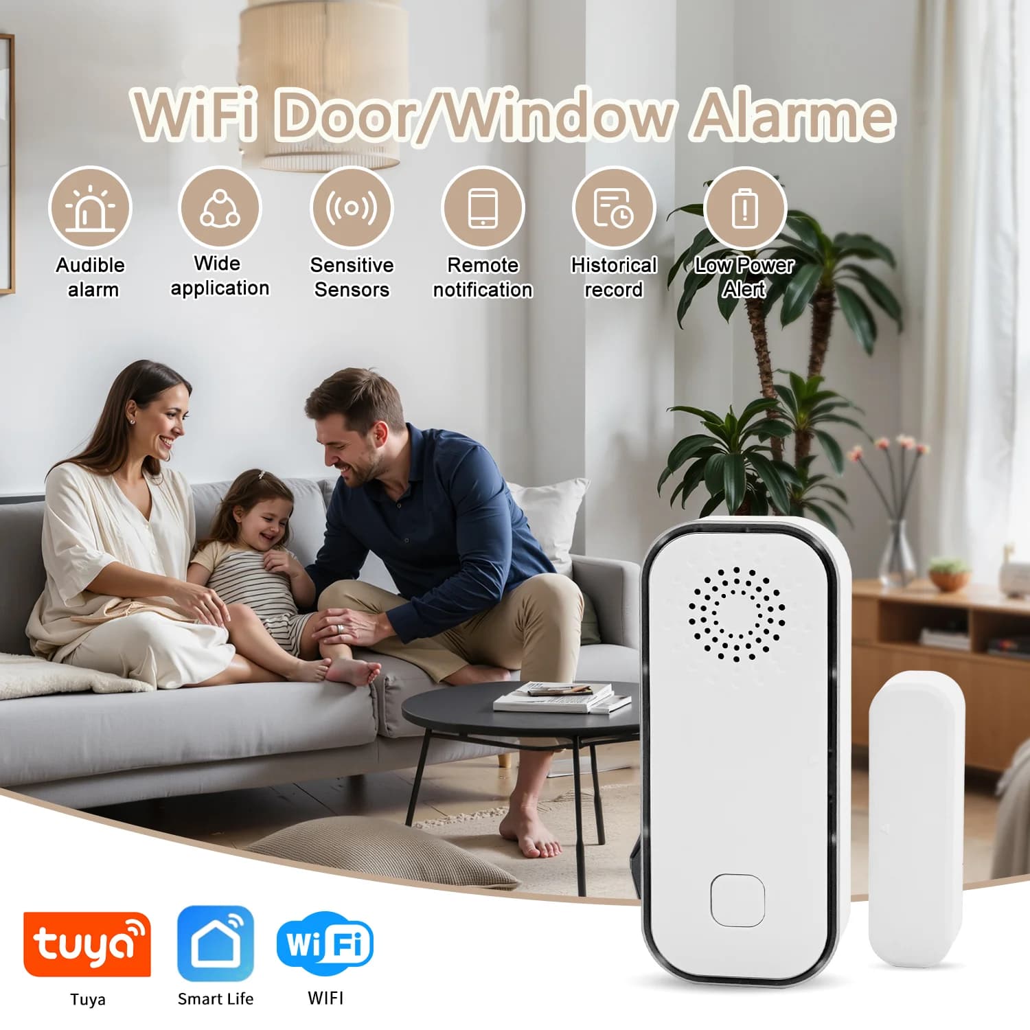 Allarme Magnetico WiFi Tuya per Porte e Finestre, Rilevatore Smart Home Compatibile con Alexa e Google Home, Promemoria di Sicurezza Wireless