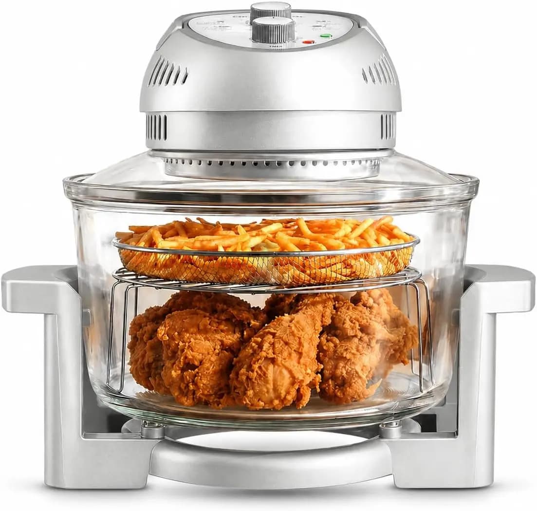 Friggitrice ad Aria in Vetro da 16Qt, Non Tossica – Friggitrice ad Aria Formato Famiglia con 3 Sezioni di Cottura, Griglie in Acciaio Inossidabile, per Fren
