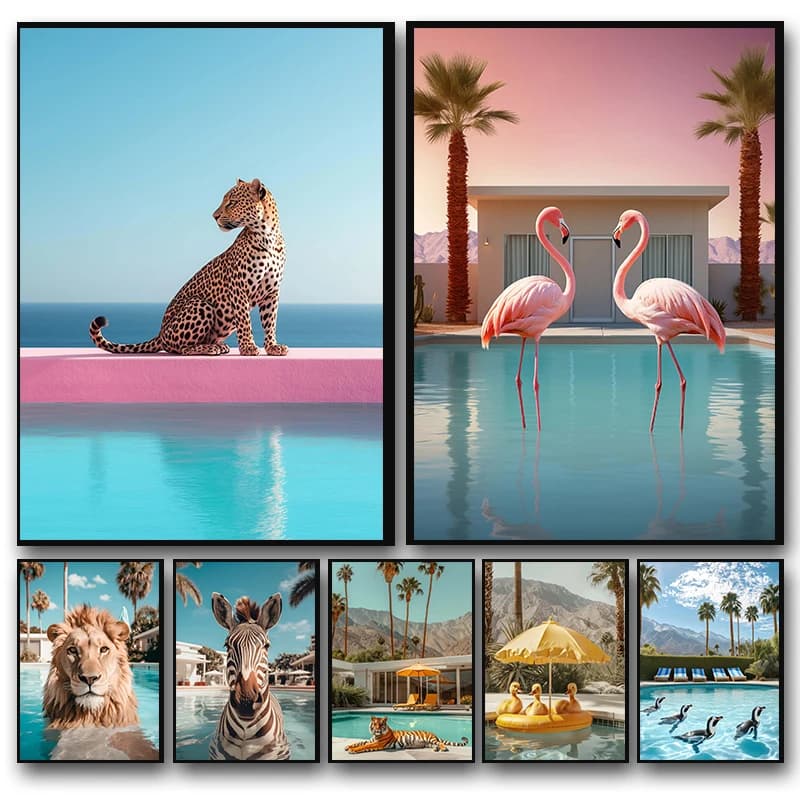 Poster con Stampa di Leopardo, Pinguini, Zebra, Fenicottero, Leone e Maiale in Piscina, Quadro da Parete, Pittura Diamantata, Decorazione per Casa e Camera, Regalo