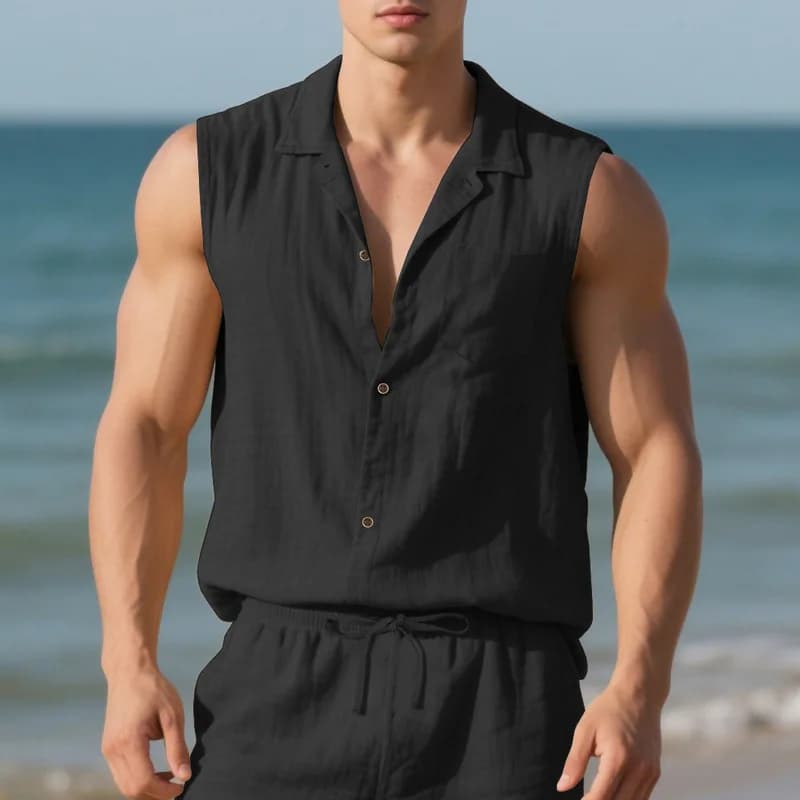 Summer casual BreathableTurn Down Collar button Sleeveless cardigan t-shirt vestMen Solid Sports Loose Beach Tops