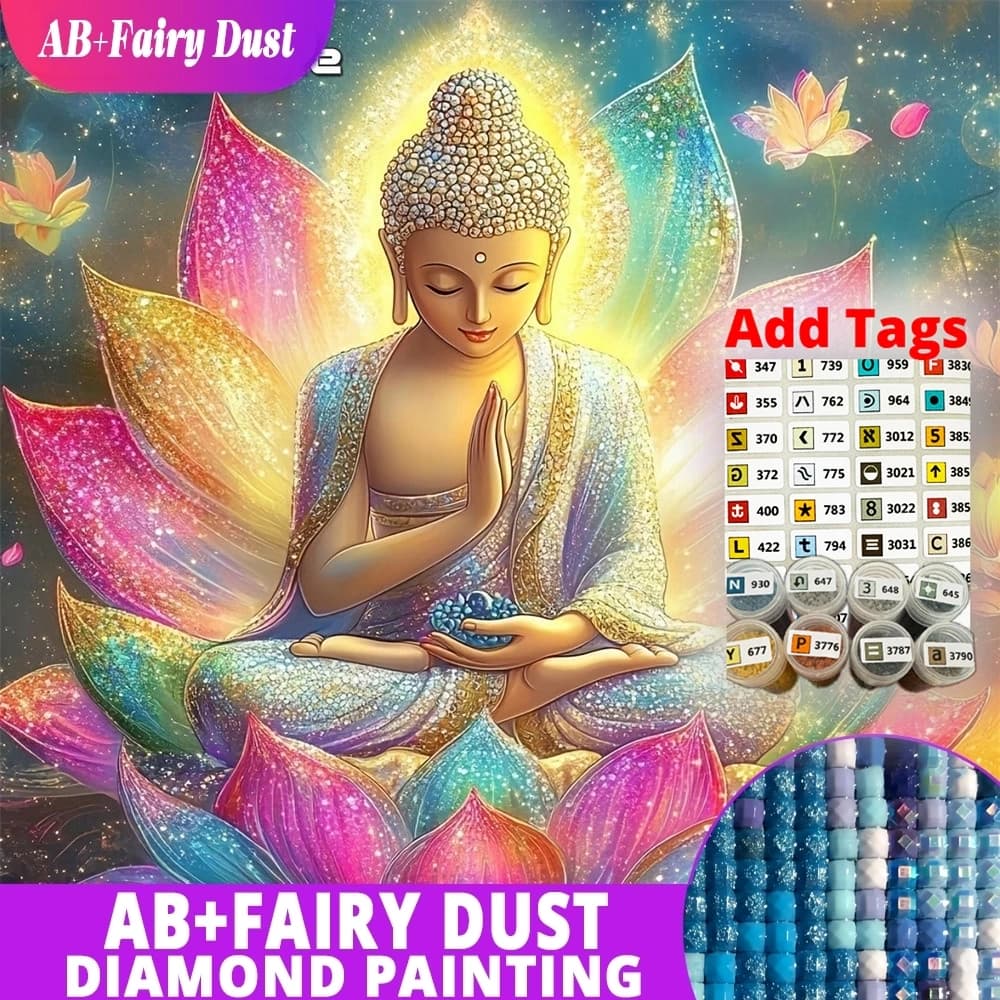 AB Fairy Dust DIY Diamond Embroidery Buddha Full Drill Painting Religion Rhinestones Picture Mosaic Lotus Suitable For Beginners