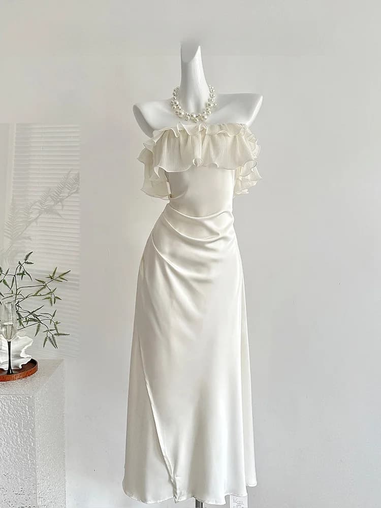 Elegant White Satin Fish Tail Dress Women's Summer 2025 New Style Luxury Sensation Pure Desire Long Gown Commute Fashion