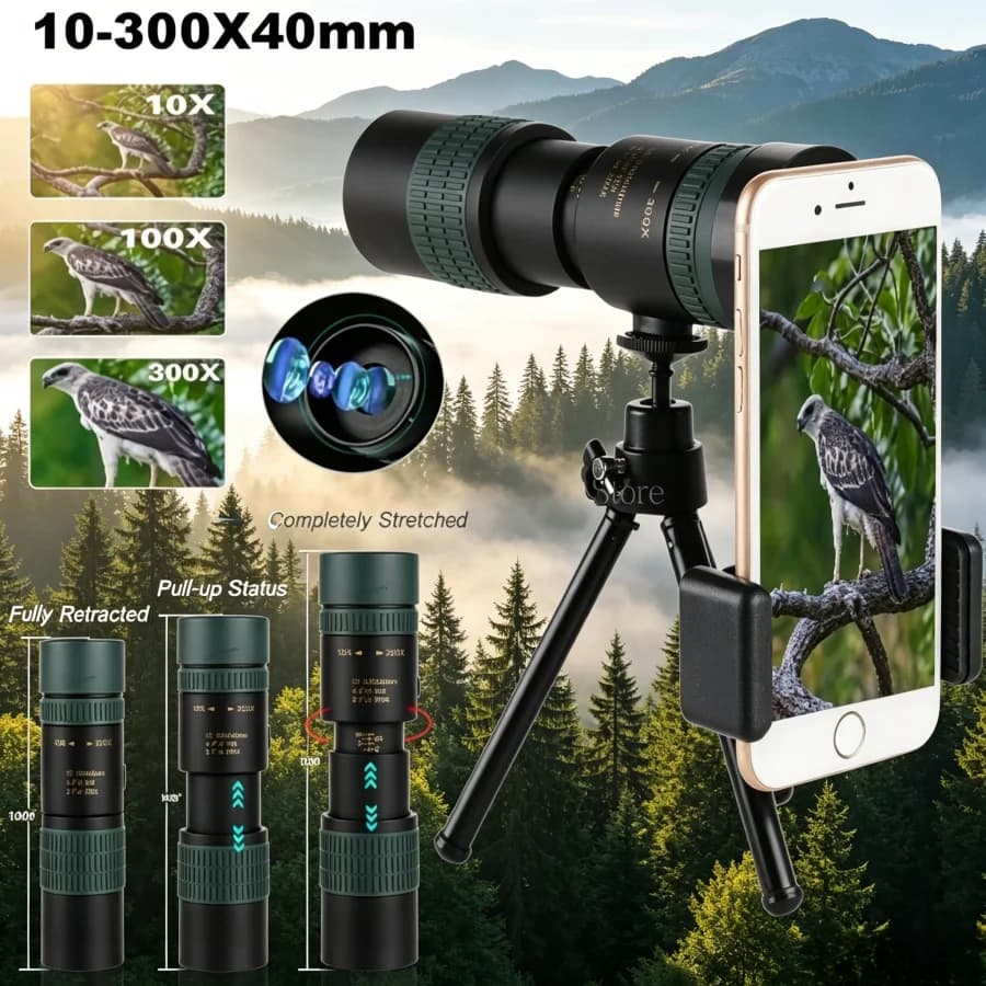 10-300x40 HD Zoom Monocular Telescope High Magnification Long Range Portable Optical Scope for Outdoor Camping Bird Watching