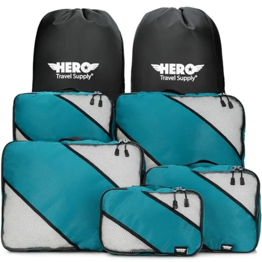 Set di 5 cubi da viaggio con 2 sacchi per il bucato, in tessuto di nylon, colore nero, leggeri e comprimibili per il bagaglio a mano, aereo
