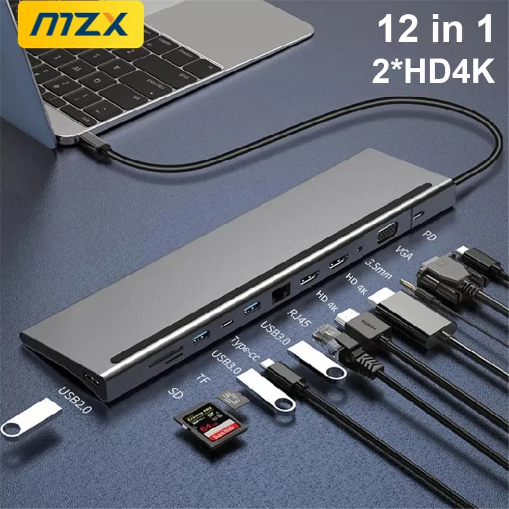 MZX Docking Station USB Type-C 12-in-1, Hub Multiporta con Adattatore HDMI e RJ45 per Accessori Laptop