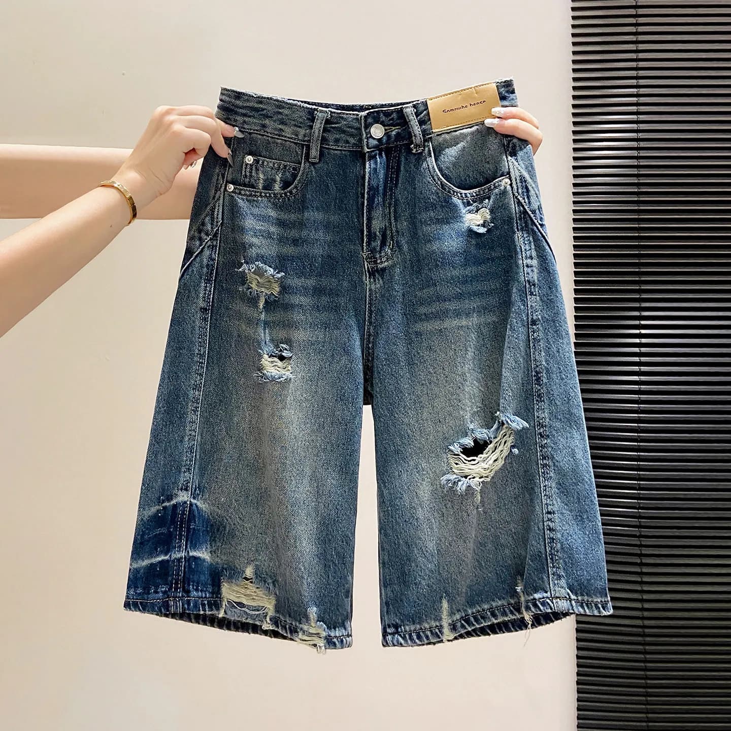 Retro High Waist Draped Denim Shorts Women's Summer 2026 New Style Five-Point Hole Casual Versatile Straight Leg Jeans