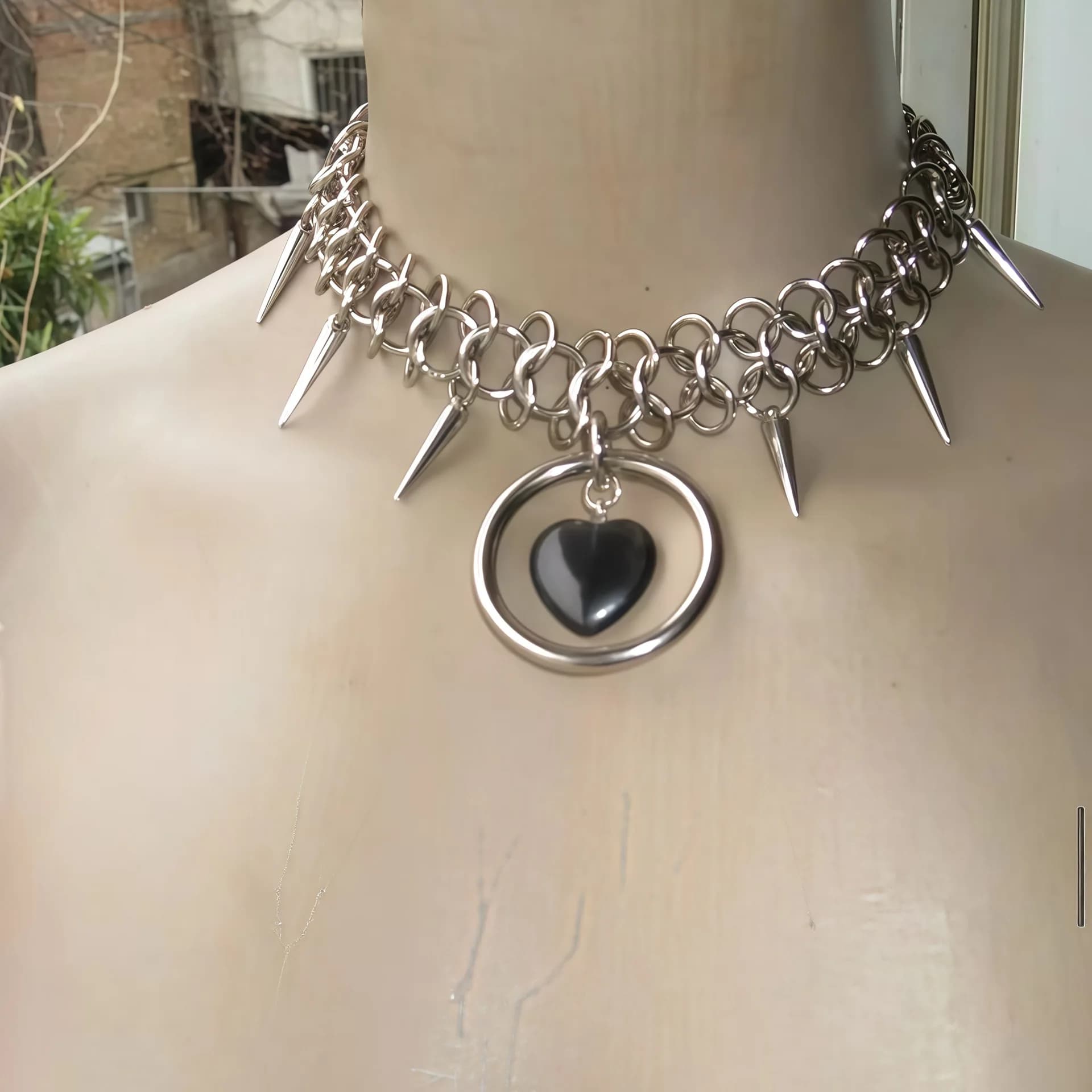 Punk Gothic Spiked Metal Chain Choker Necklace Unisex with Black Heart Pendant Ring Y2K Trendy Edgy Alternative Jewelry