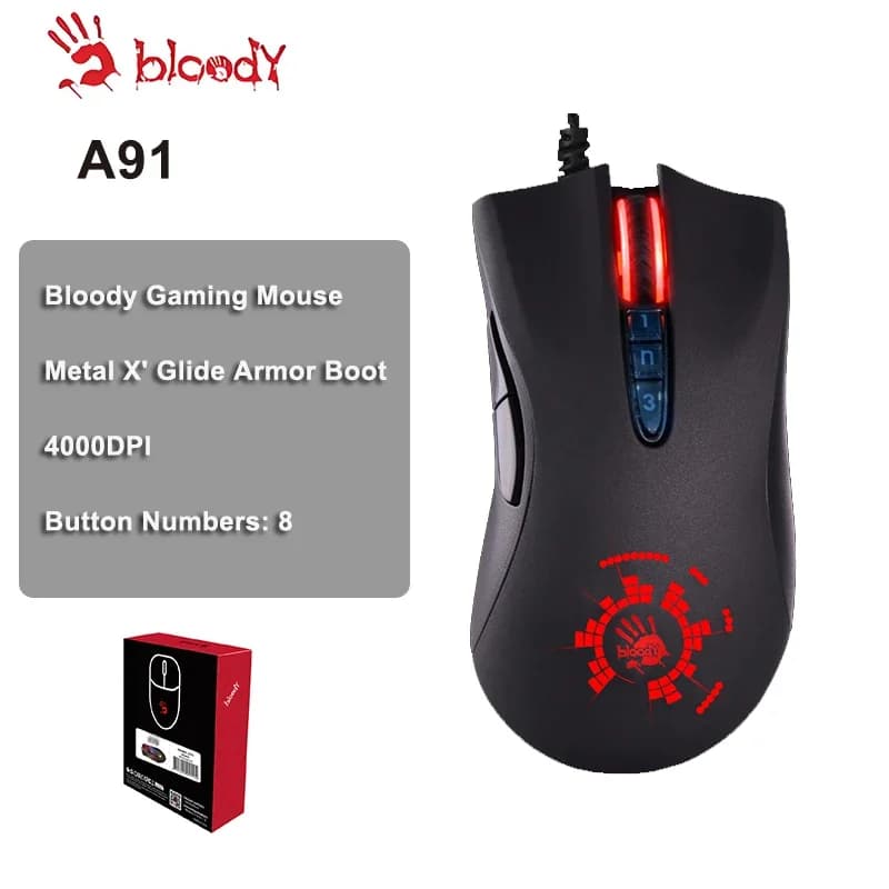 A4TECH Bloody A91 Gaming Mouse,4000 DPI,Drag Click,1000HZ,6666FPS,8 Buttons,Metal X' Glide Armor Boot,Over 20 Million Clicks