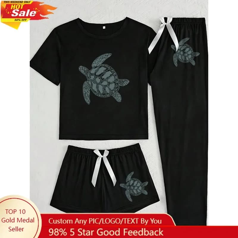 Pigiama da donna con stampa di gatti dei cartoni animati, collezione di indumenti da notte in 3 pezzi, indumenti da notte aderenti casual per tutte le stagioni, indumenti da casa