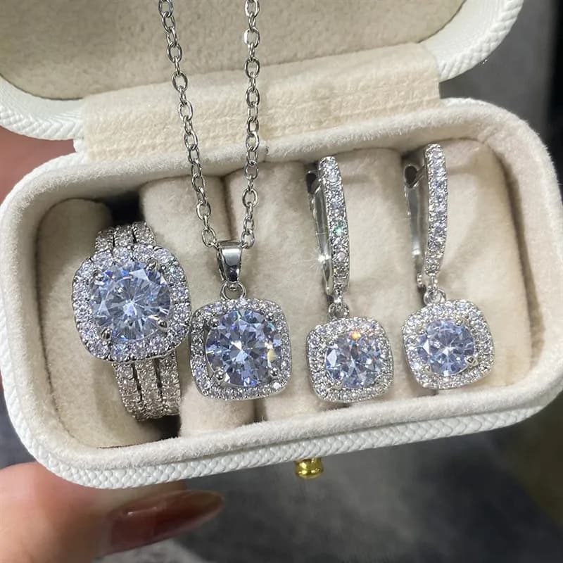 Huitan Elegant Round Cubic Zirconia Pendant Necklace Earring Ring for Women Wedding Engagement Trendy Jewelry Set with Gift Box