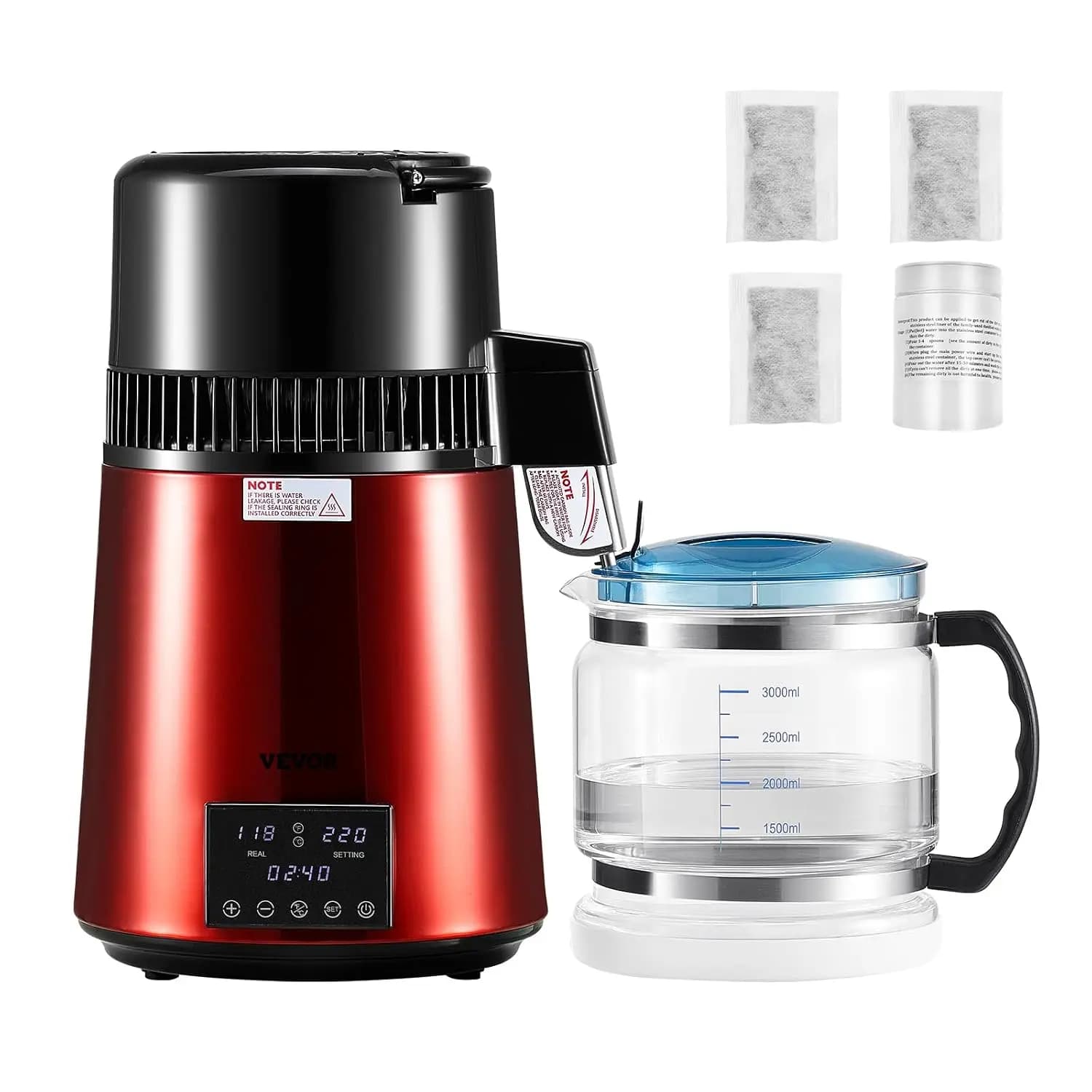 1750W Water Distiller, 0.4Gal/H Distilled Water Maker with Glass Carafe, 4L/1.1Gal Countertop, 0-99H Time Temp Dual Display, Anti-dry Design 304 Stainless Steel, Wine Red
