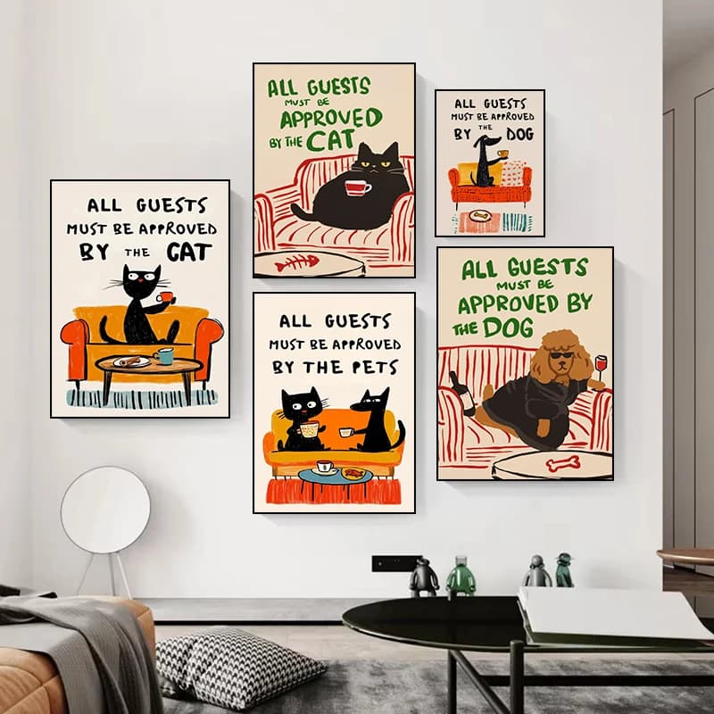 Tutti gli ospiti devono essere approvati dalla serie Cat Dog Poster umoristico Stampa su tela Immagini artistiche per la decorazione moderna della parete del soggiorno