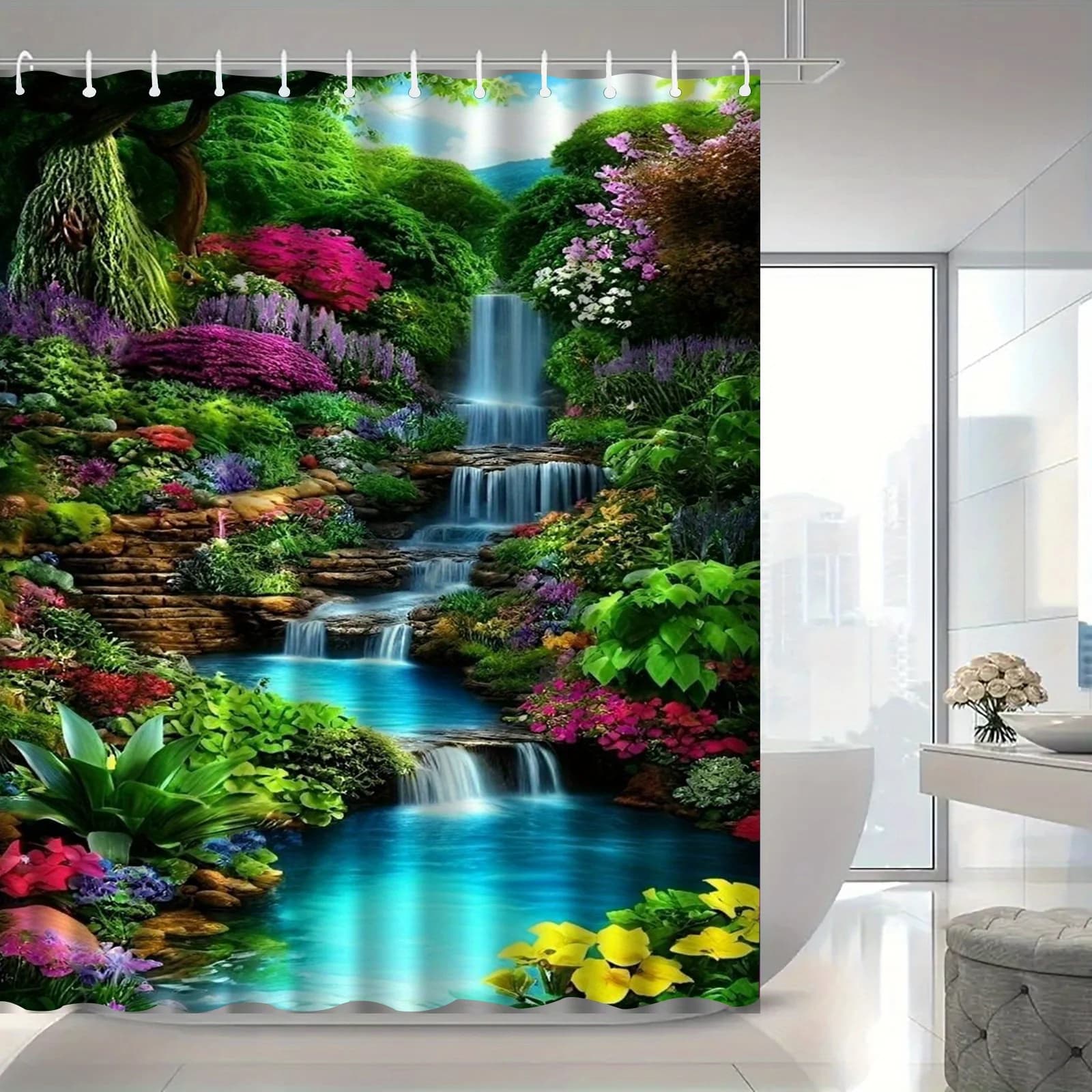 Bellissimo giardino cascata tenda da doccia paesaggio floreale natura arte verde arredamento tessuto impermeabile tenda da bagno set casa