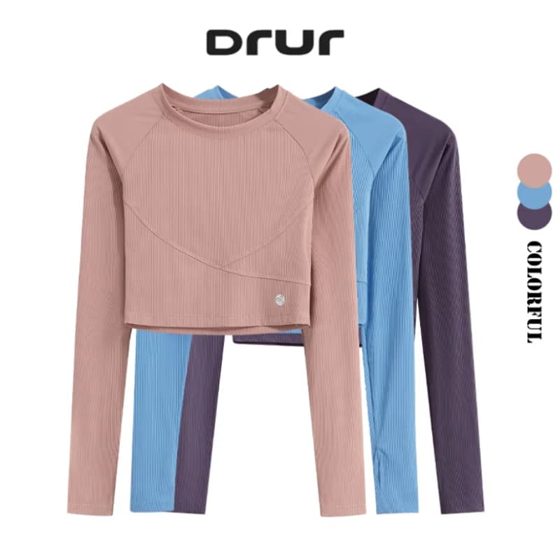 DRUR Canottiere corte da yoga a costine a maniche lunghe con girocollo Camicia sportiva da palestra slim fit per pilates da donna Top aderente basic casual