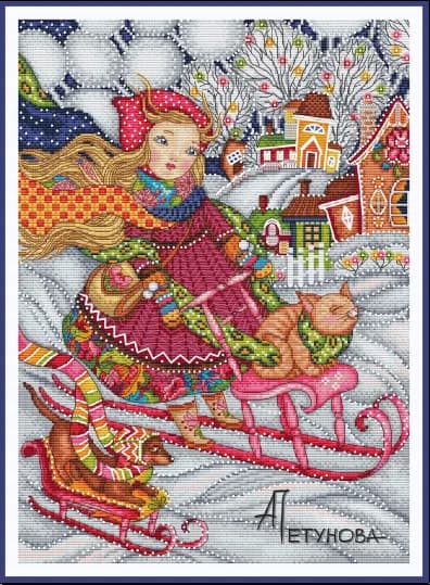 Kit punto croce in tessuto fai-da-te, ricamo, cucito artigianale, slitta divertente, ragazze e cuccioli, 38-48