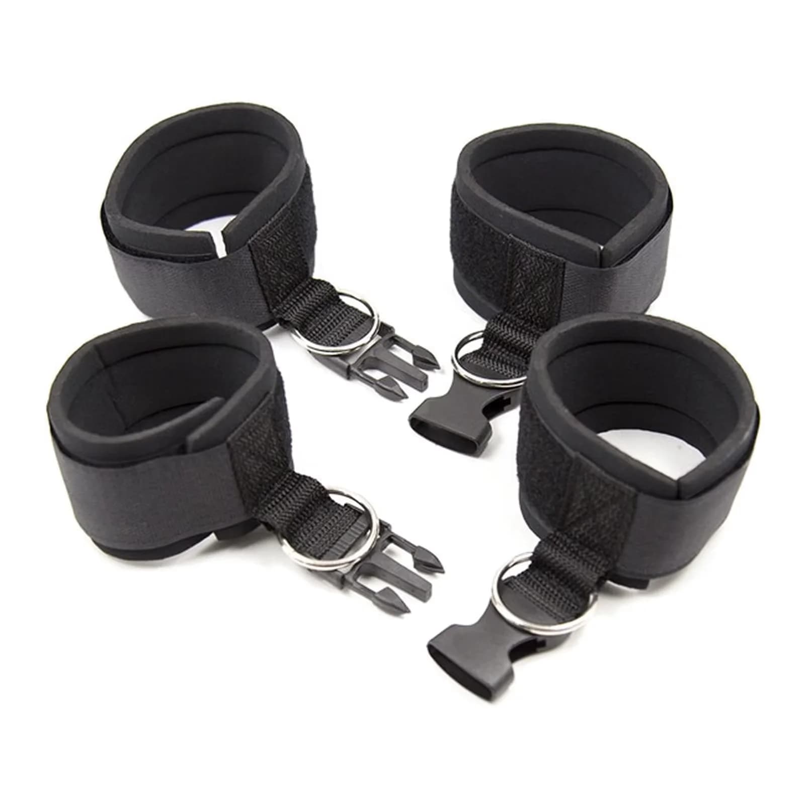 Adult Nylon Wrist and Ankle Cuffs Set Adjustable Padded Wraps with Side Release Buckles and Metal Rings Black 4 Pieces