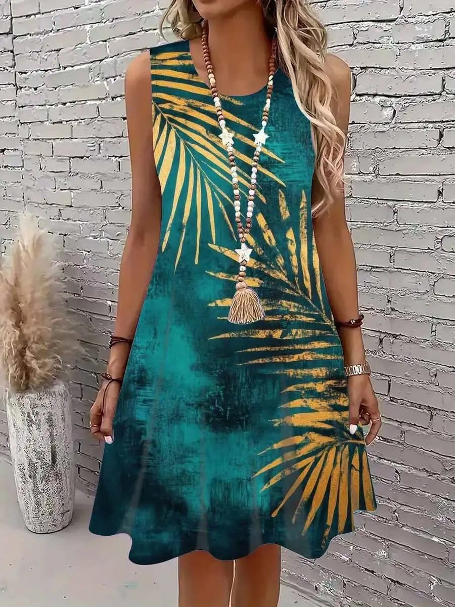 Abito senza maniche con stampa di foglie di palma tropicale e collana con nappe per abbigliamento casual