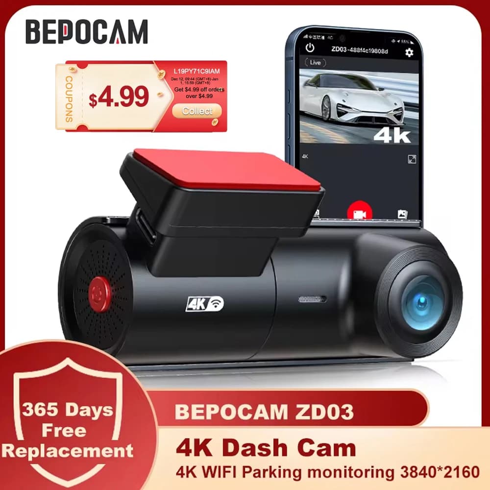 BEPOCAM ZD03 4K Dash Cam per Auto Wifi con 170 ° Monitor di parcheggio DVR 24 ore per auto con visione notturna FOV WDR grandangolare WIFI e controllo app