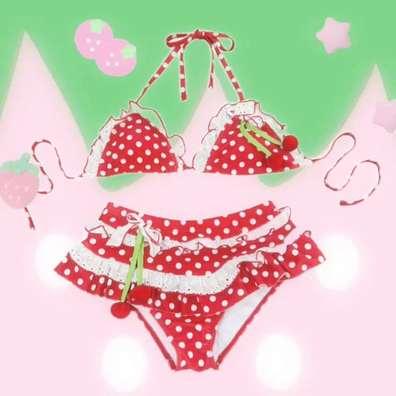 Costume da bagno tre pezzi da donna Cherry Charm con volant, bikini con scollo all'americana, stampa a pois bianchi e rossi, per la spiaggia, collezione 2026