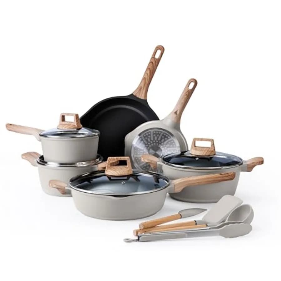 Anti-adhesive Aluminum Kitchen Pots Set with Tools, 14 Pieces, Panels and Drawers Grigie for an Efficient Cooking