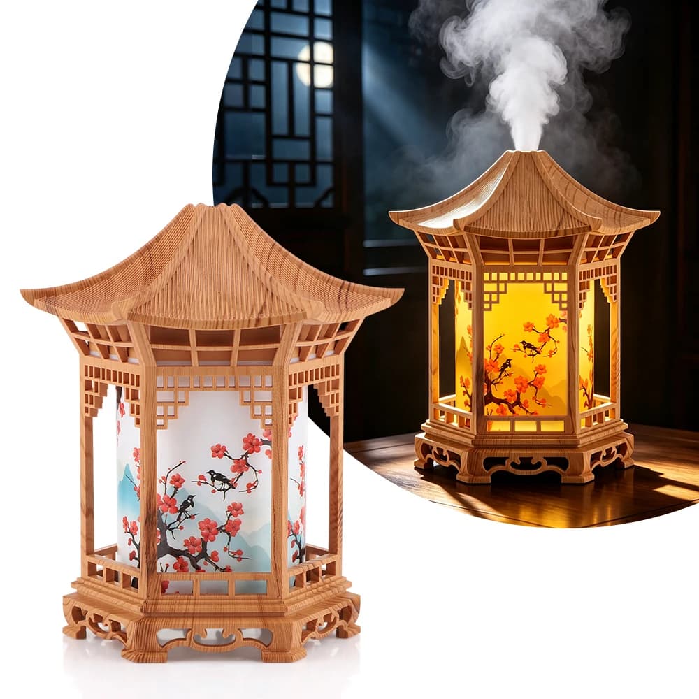 Mini Pavilion Humidifier with Night Light Home Chinese Style USB Portable Cool Mist Humidifier for Office Desktop Car