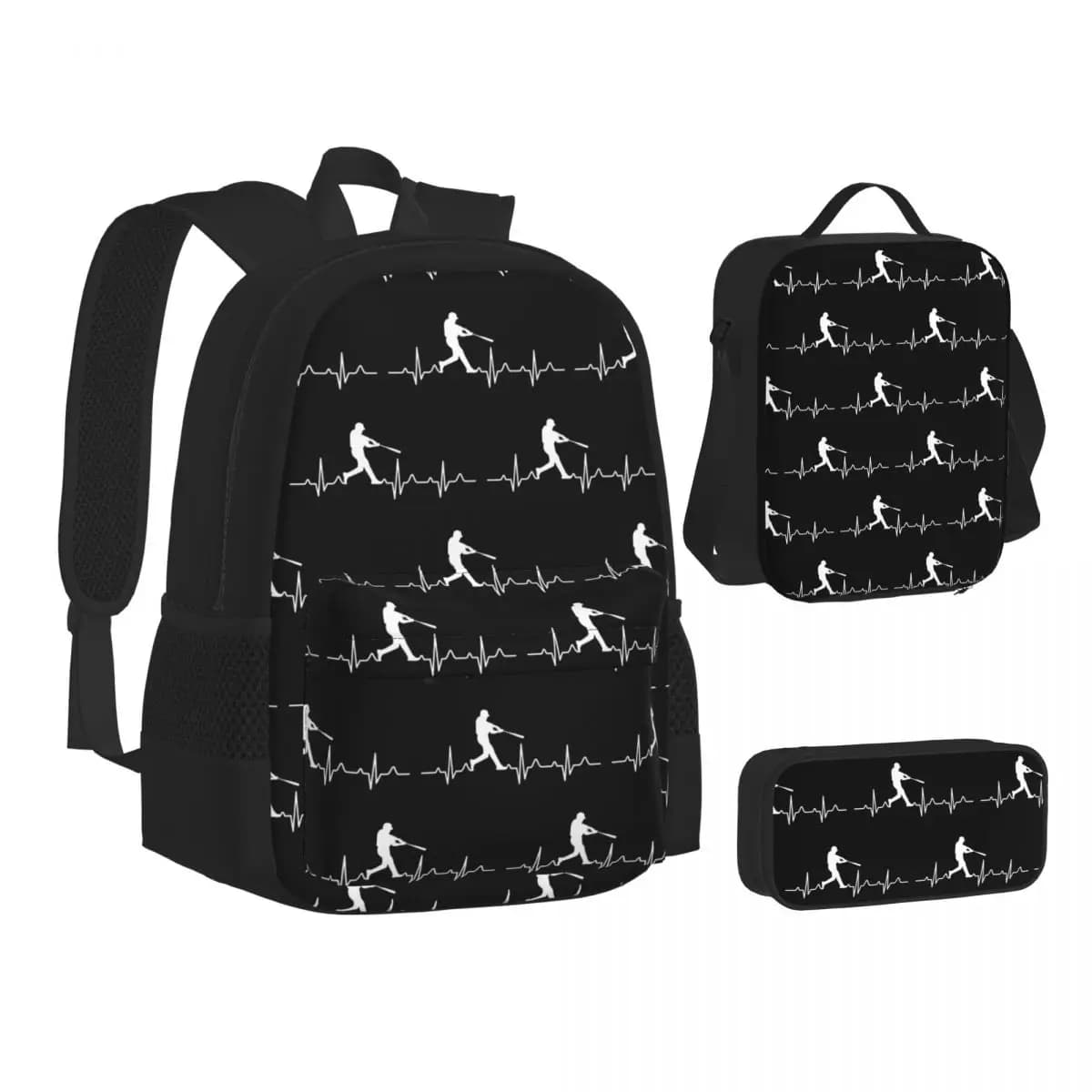 Zaini con motivo Baseball Player Heartbeat, borsa per libri per studenti, borse scolastiche, zaino per bambini, borsa per il pranzo, borsa per penne, set da tre pezzi
