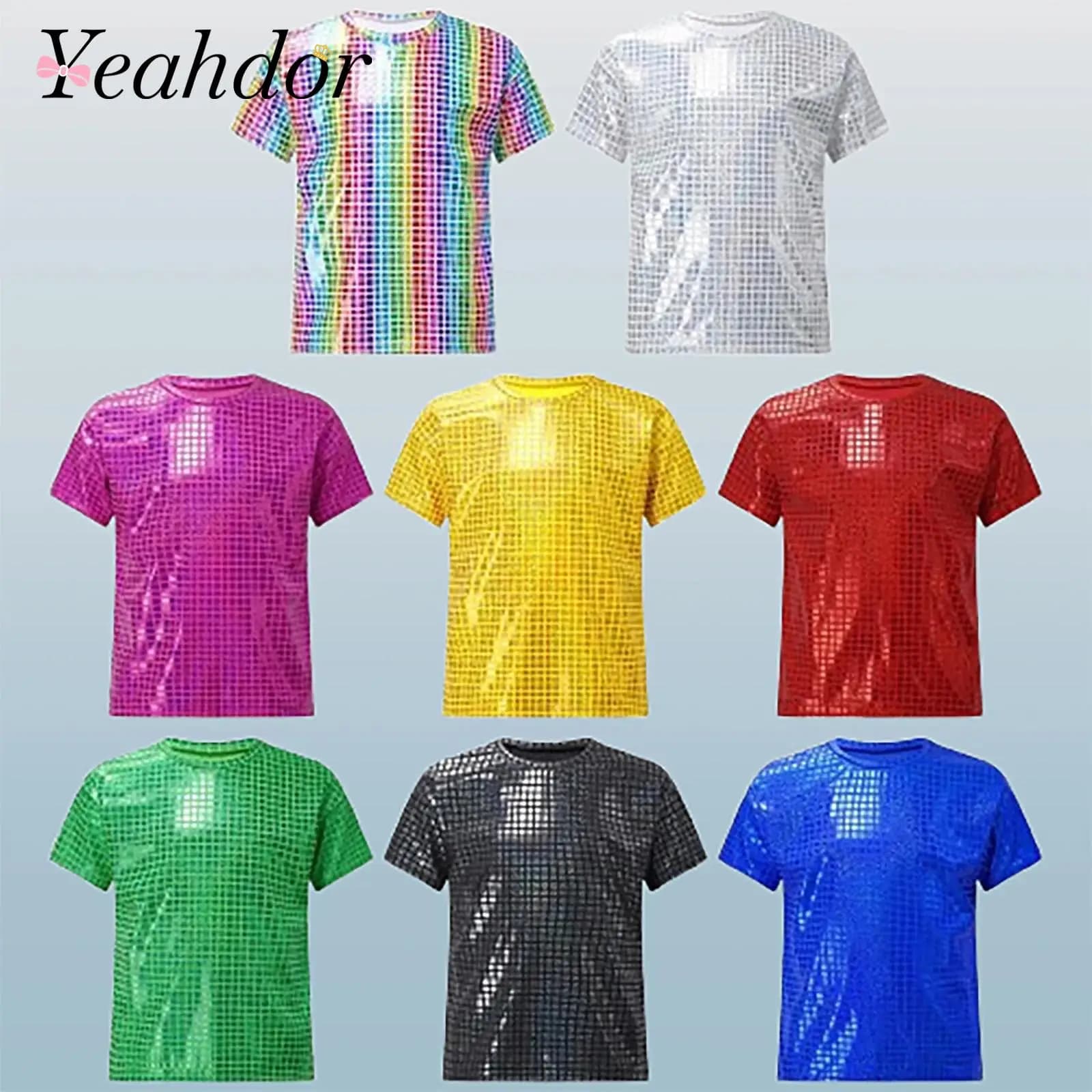 T-shirt per bambini T-shirt a maniche corte con paillettes scozzesi lucide Top Streetwear Ragazze Ragazzo Costume da ballo jazz Abiti da spettacolo per bambini