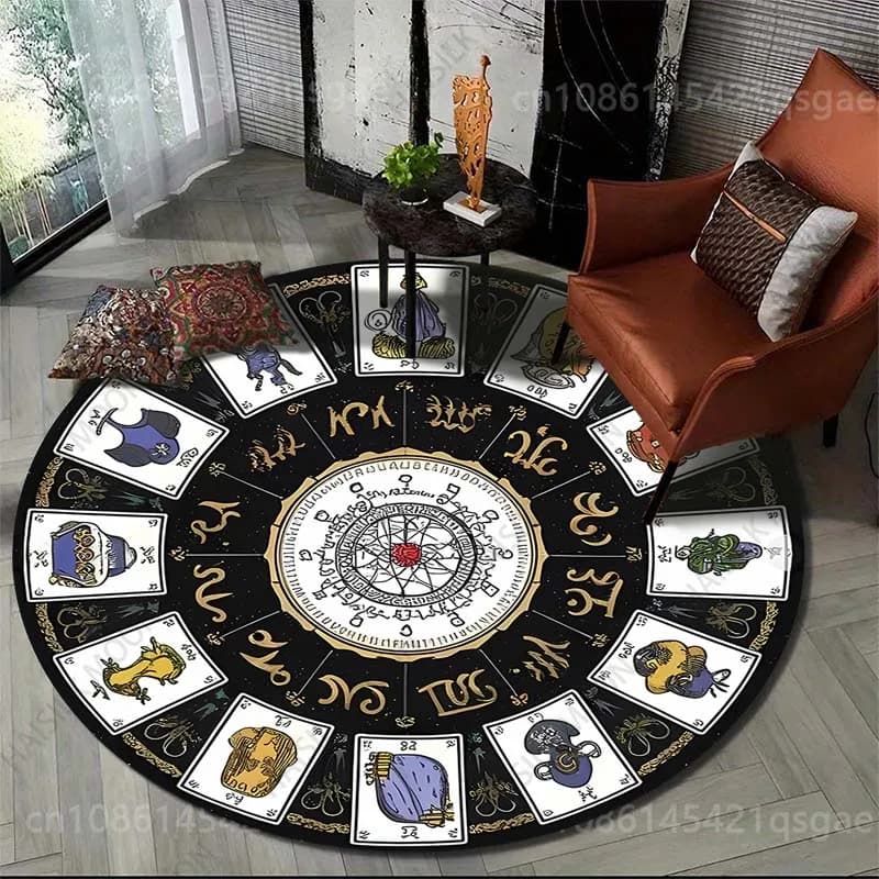 Tappeto Rotondo con Stampa della Ruota Zodiacale e Carte dei Tarocchi, Disponibile in Diverse Misure, per Soggiorno, Camera da Letto, Divano, Tappetino da Pavimento, Regalo di Lusso