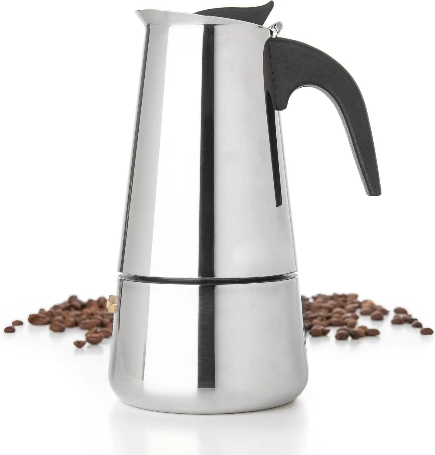 Caffettiera Moka in Acciaio Inox con Tazza, Macchina per Espresso Portatile, Preparatore di Latte e Tè per Campeggio e Casa