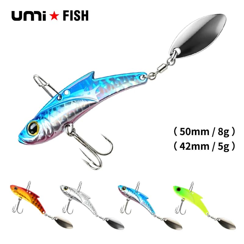 Umi New VIB Fishing Lure Hook 50mm/42mm 5g/8g Metal VIB Vibration Bait Spinner Spoon Jig Fishing Lure Artificial Hard Sharp Hook
