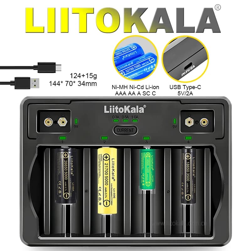 LiitoKala Lii-D4 9V 26650 18650 21700 18500 26700 16340 22650 AA AAA C SC D 3.7V 1.2V Caricabatteria intelligente al litio NiMH