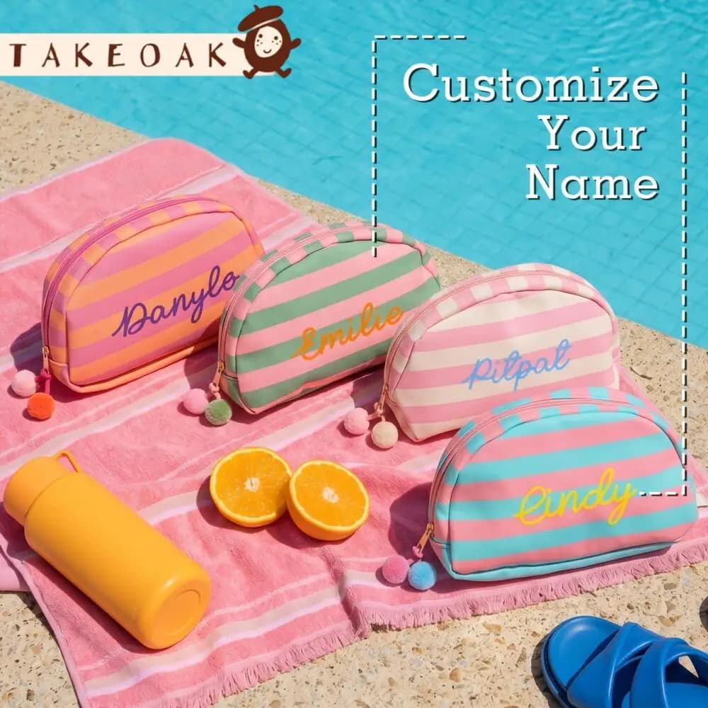 Candy Pastel Stripe Custom Cursive Name Half-Moon Cosmetic Bag Pom Pom Decor Portable Beach Travel Wash Pouch Personalized Gift