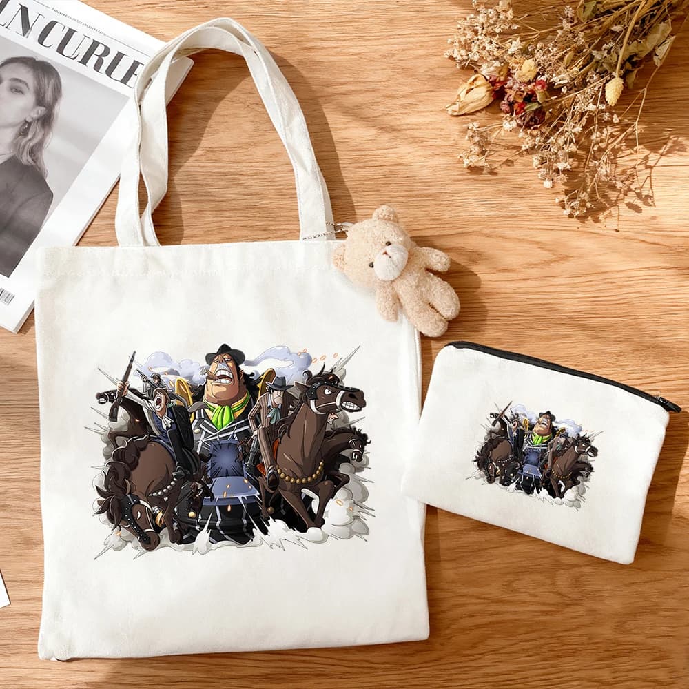 3pcs/set One Piece Doflamingo Crew Anime Canvas Tote Bag Print Shoulder Bag Mini Coin Purse Casual Bag Set