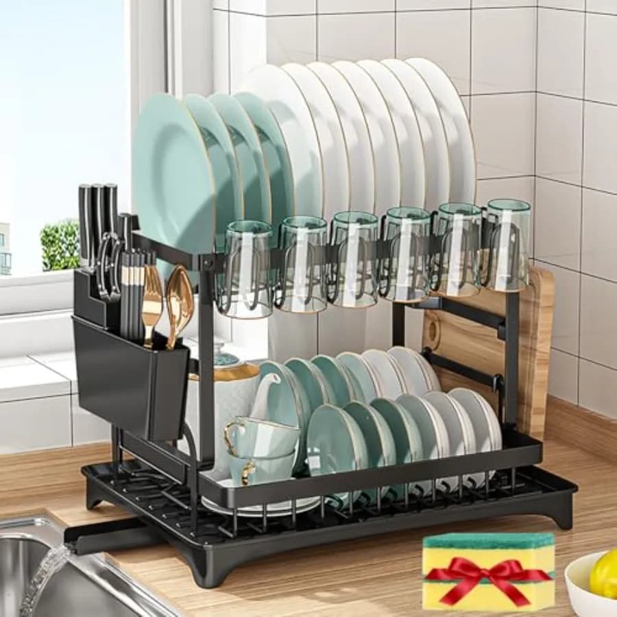 Scolapiatti a 2 Livelli, Grande Scolapiatti da Cucina con Vassoio Raccogligocce in Acciaio Inox per Piatti/Coltelli