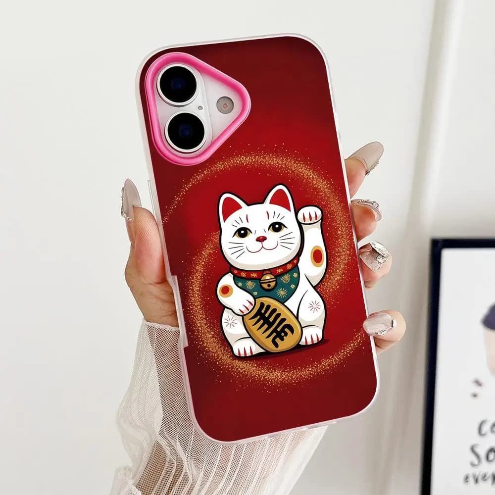 Lucky Cat Phone Case for iPhone 17 16 15 14 13 12 11 Air Pro Max Plus Jelly Dual Layer Rose Red Cover