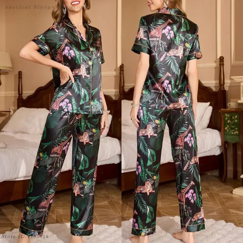 Pigiama da donna con stampa floreale Pigiama da donna Set estivo in raso 2 pezzi Pijama Mujer Indumenti da notte a maniche corte Allentato Casual Abbigliamento da casa Pigiama