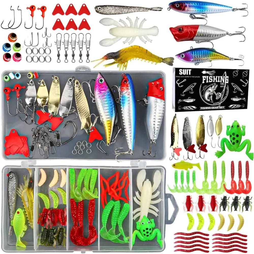 Kit da pesca per spigola, trota e salmone: esche, attrezzatura, pesciolini, cucchiai, vermi molli, maschere e altro ancora
