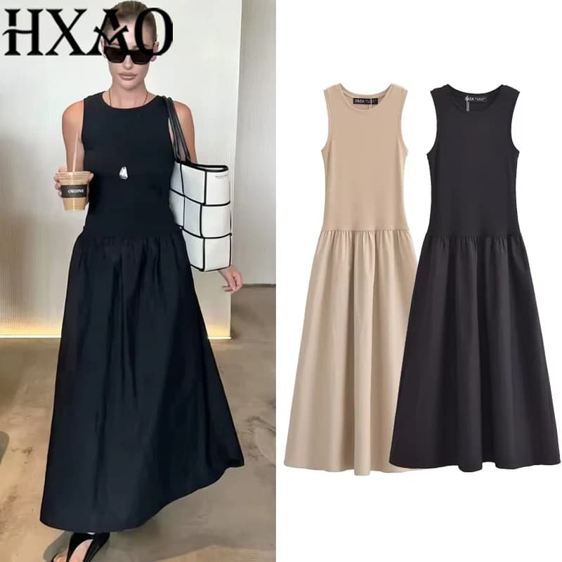 HXAO Abiti lunghi neri da donna 2025 Abiti eleganti senza maniche primaverili Moda Casual Vintage Party Abiti kaki Abiti