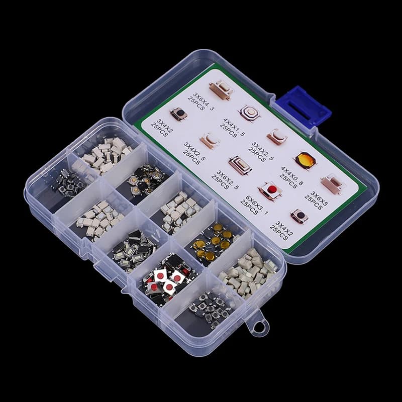100/250pcs Pulsante interruttore per auto 10 tipi Durevole telecomando per auto Interruttore a pulsante Chiavi per auto Pulsante Microinterruttore tattile con scatola