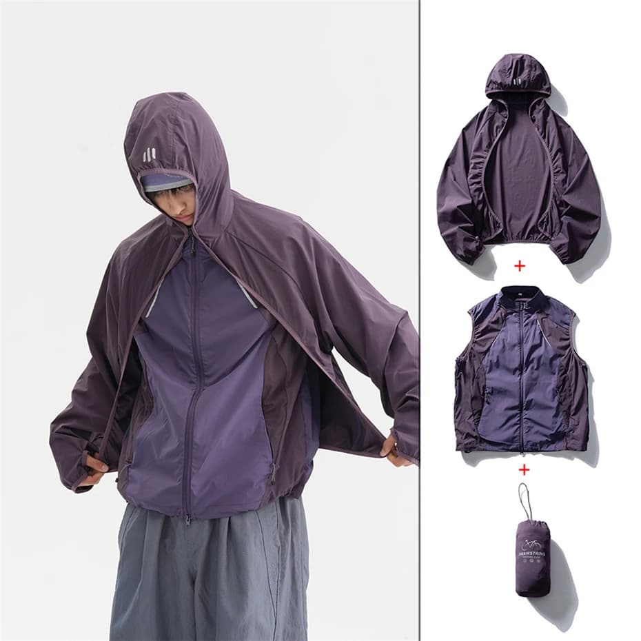 Gilet Giacche Set Uomo Streetwear Vintage Giacca a vento sottile Cappotti Harajuku Allentato Casual Con cappuccio Protezione solare Abbigliamento Giacche college