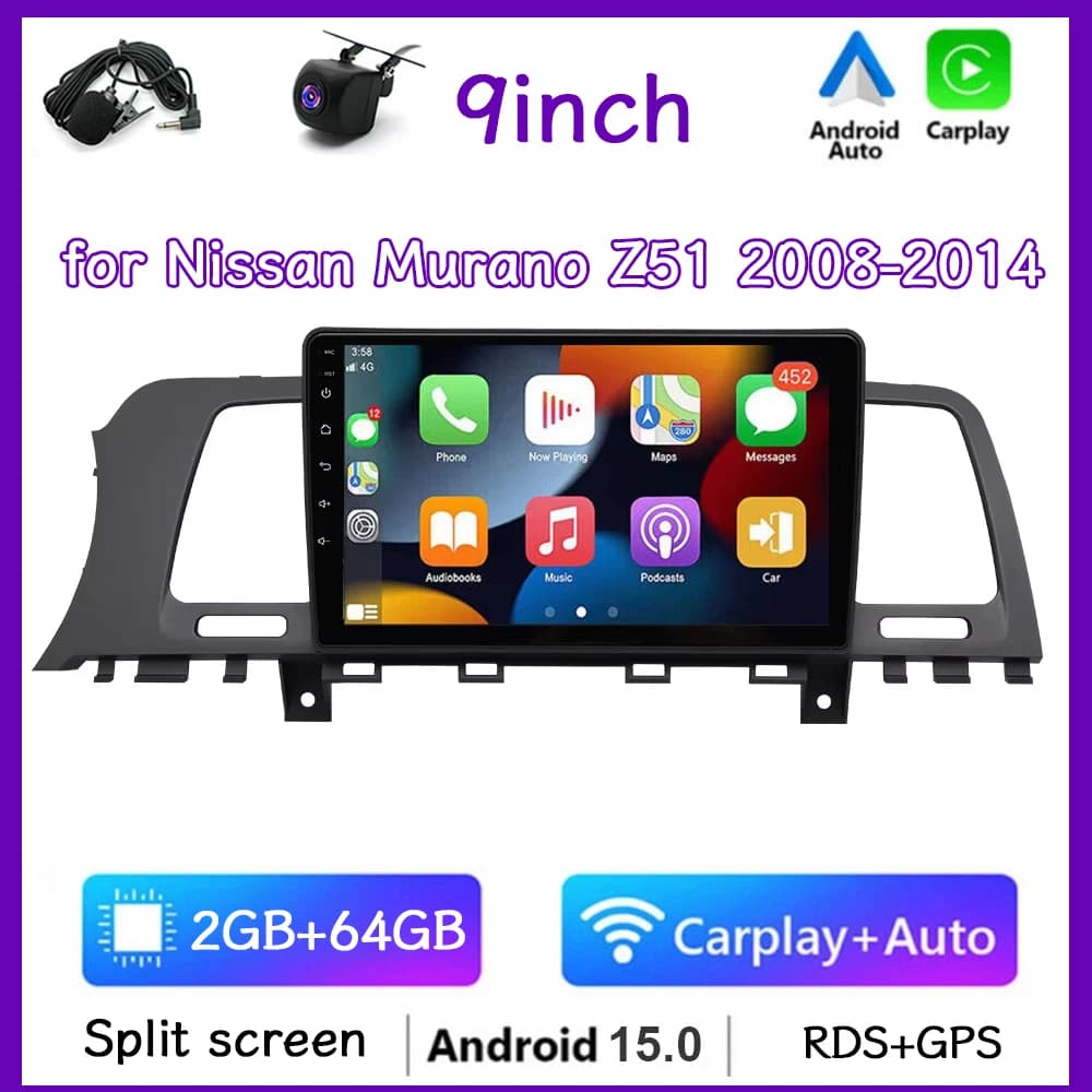Autoradio Android 15 da 9 Pollici con GPS, 2+64G per Nissan Murano Z51 2008-2014, con Carplay, Android Auto, Bluetooth, WiFi, FM